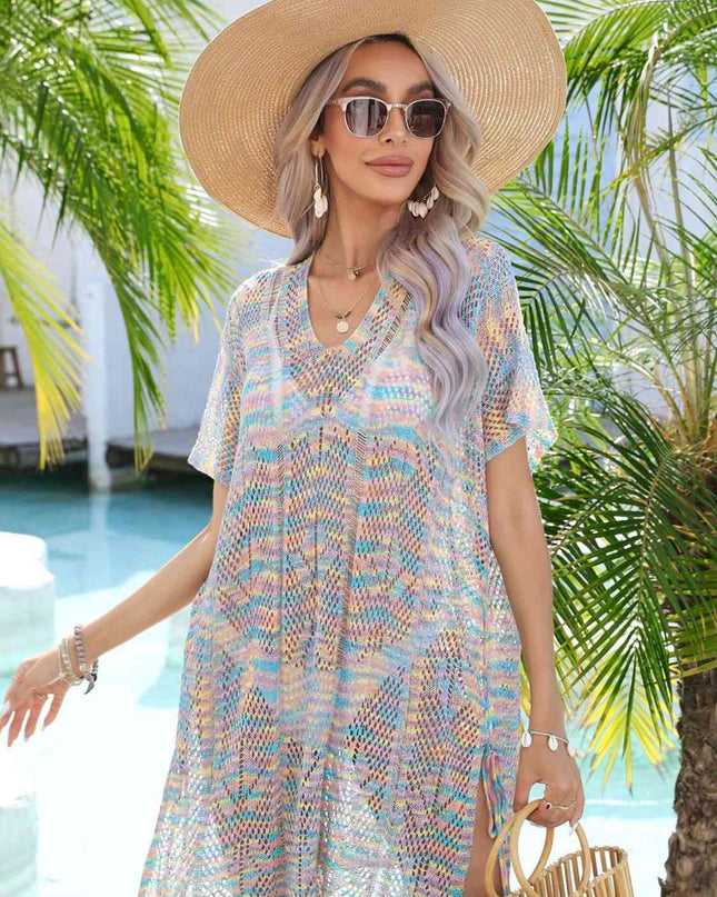 Multicolored Openwork Tassel Slit Cover-Up