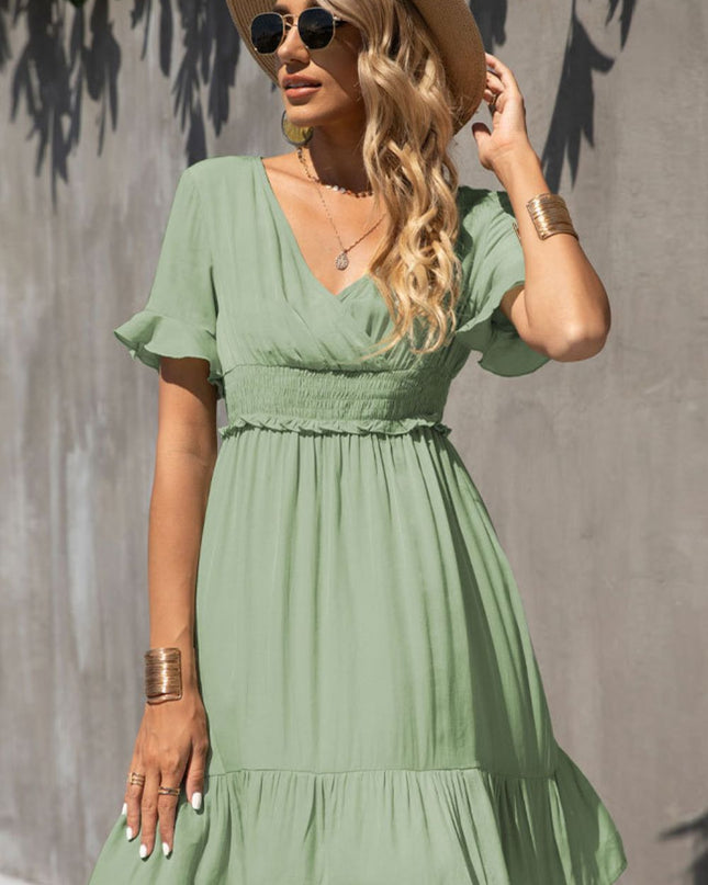 Smocked Waist Flounce Sleeve Ruffle Hem Dress