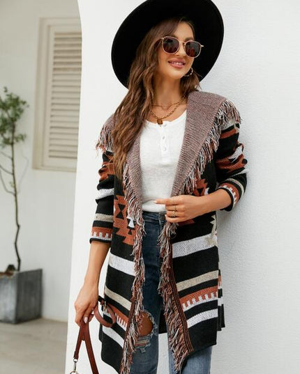 Fringe Geometric Hooded Long Sleeve Cardigan