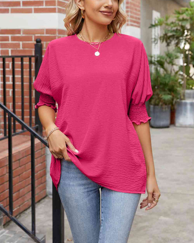 Round Neck Smocked Lantern Sleeve Blouse