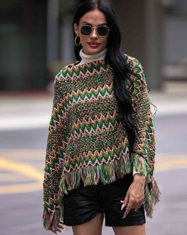 Fringe Hem Boat Neck Poncho