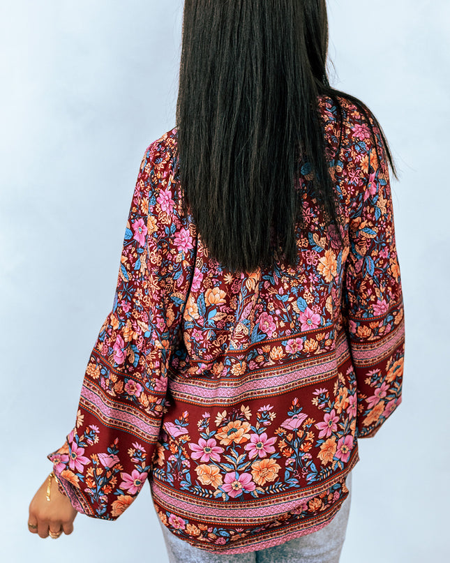 Bohemian Balloon Sleeve Notched Neck Blouse