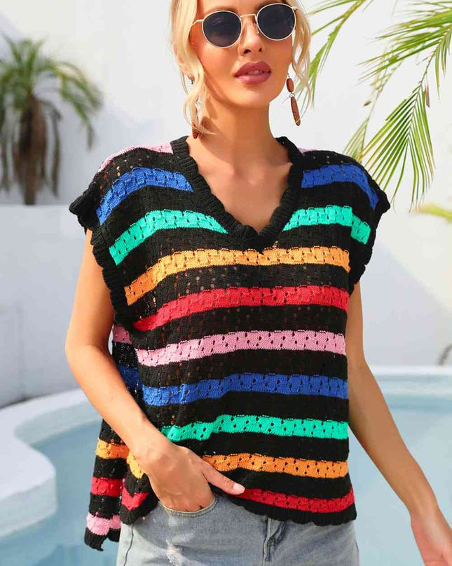 Striped V-Neck Slit Cover Up