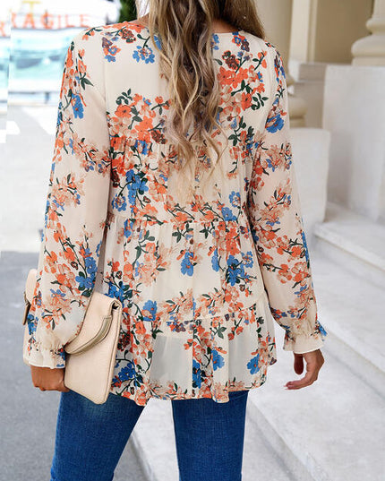 Printed Flounce Sleeve Tiered Blouse