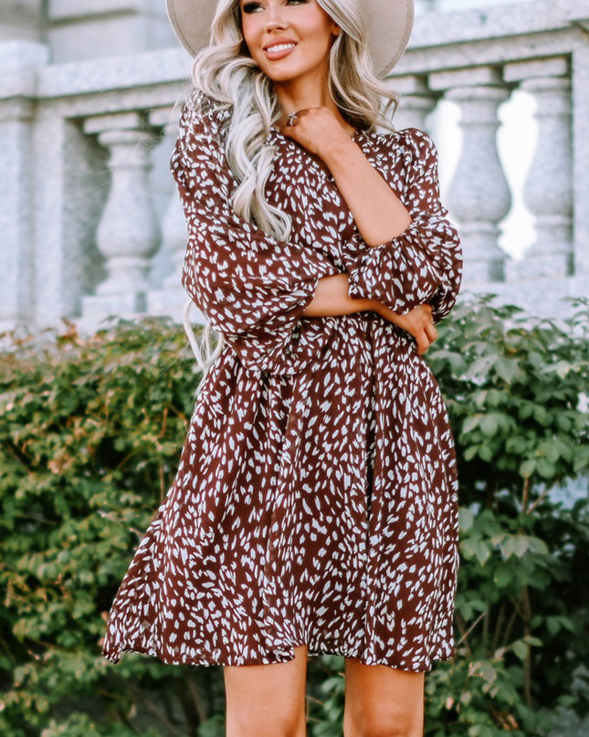 Printed Balloon Sleeve V-Neck Dress