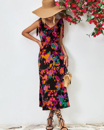 Multicolored V-Neck Backless Midi Dress