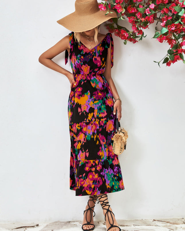 Multicolored V-Neck Backless Midi Dress