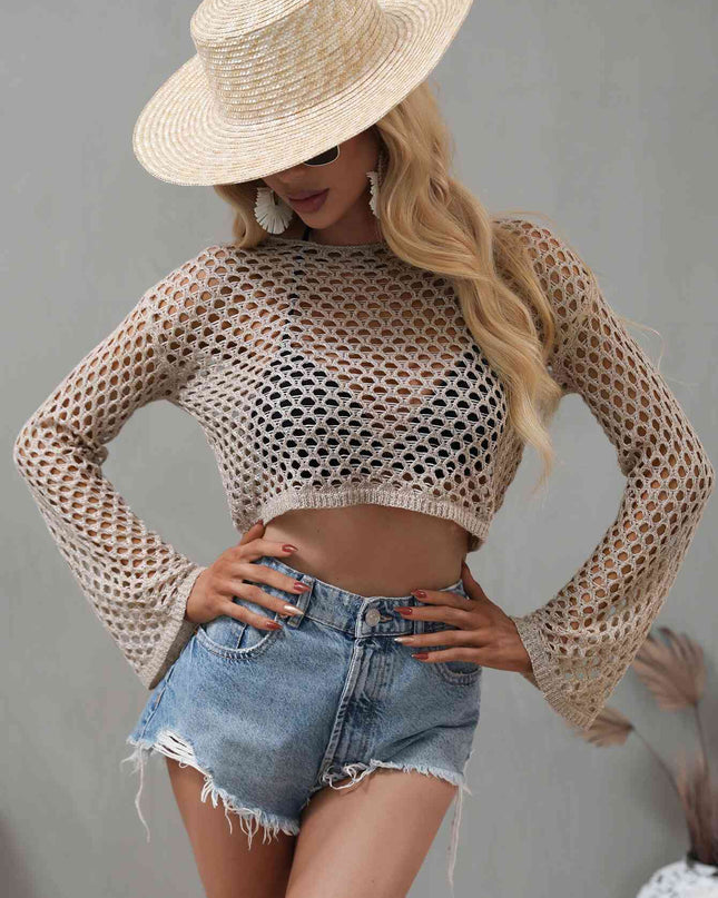 Openwork Flare Sleeve Cropped Cover Up