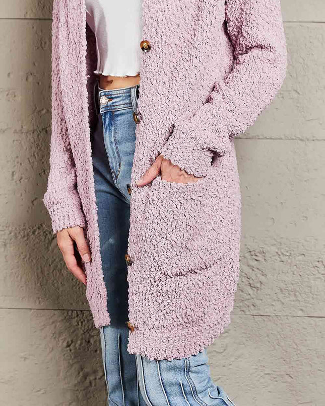 Double Take Popcorn-Knit Long Sleeve Hooded Cardigan