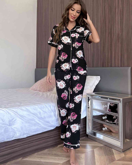 Floral Short Sleeve Shirt and Pants Lounge Set