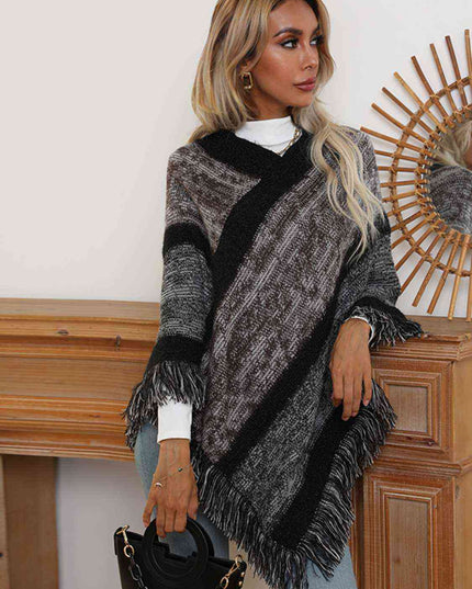 V-Neck Poncho with Fringes