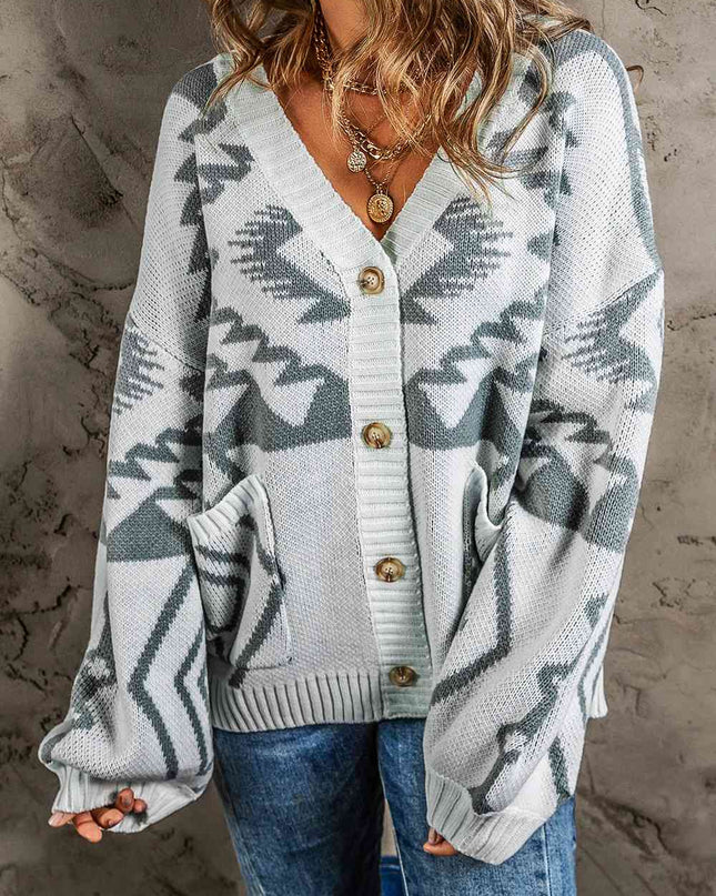 Printed Button Up V-Neck Long Sleeve Cardigan