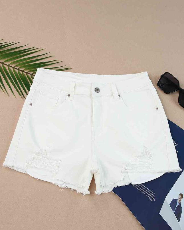Frayed Hem Distressed Denim Shorts with Pockets