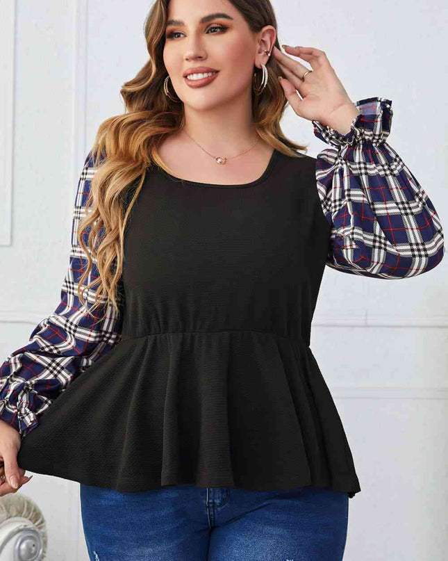 Melo Apparel Plus Size Plaid Print Square Neck Ruched Blouse