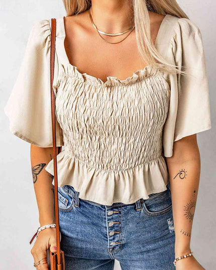 Smocked Frill Trim Peplum Top