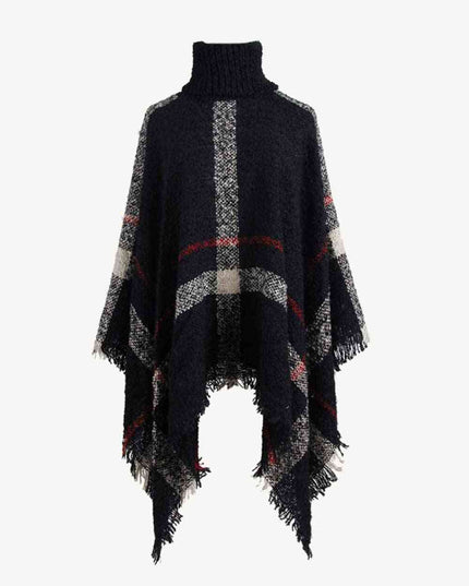 Plaid Turtleneck Raw Hem Poncho