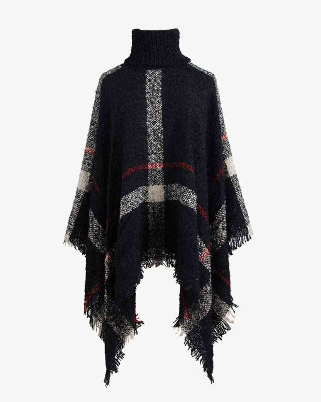 Plaid Turtleneck Raw Hem Poncho