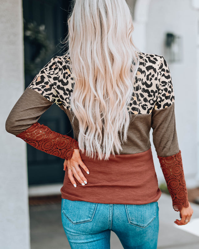 Leopard Print Lace-Up Spliced Lace Top