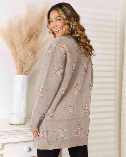Star Pattern Open Front Cardigan with Pockets