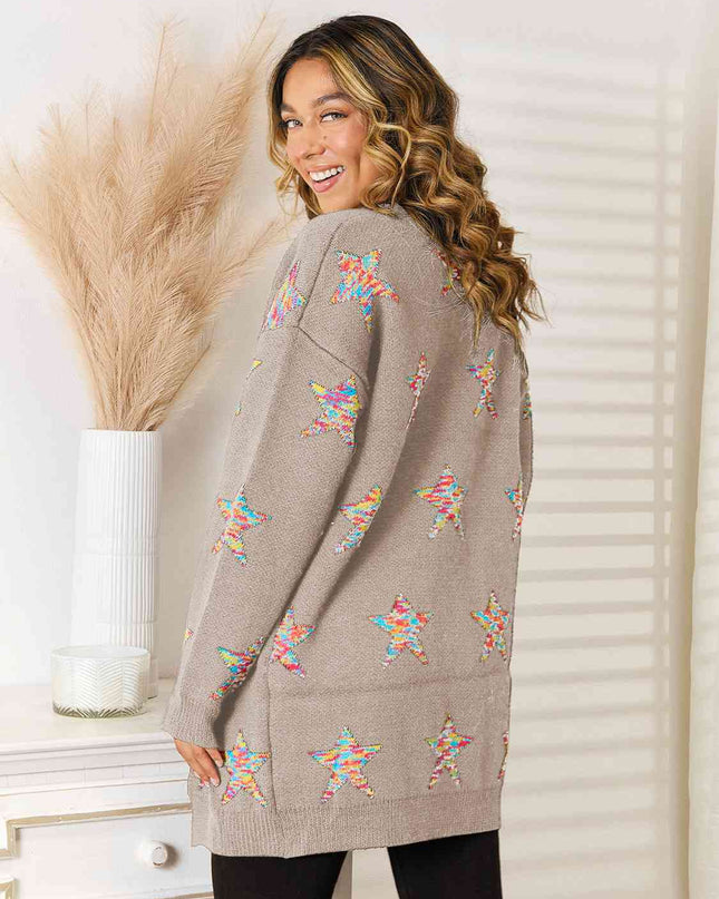 Star Pattern Open Front Cardigan with Pockets
