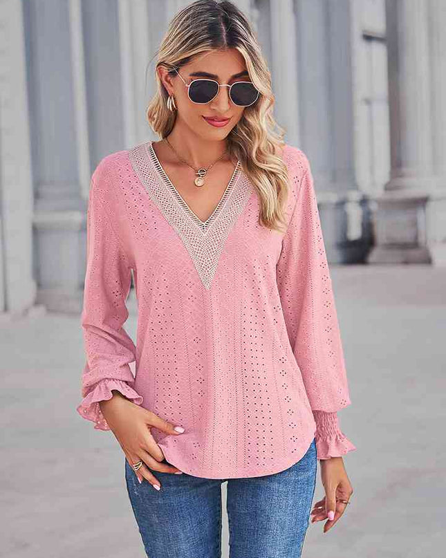 V-Neck Eyelet Flounce Sleeve Blouse