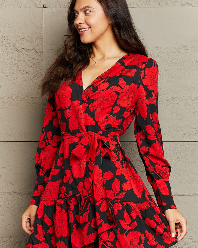 Floral Print Surplice Neck Tie Waist Dress