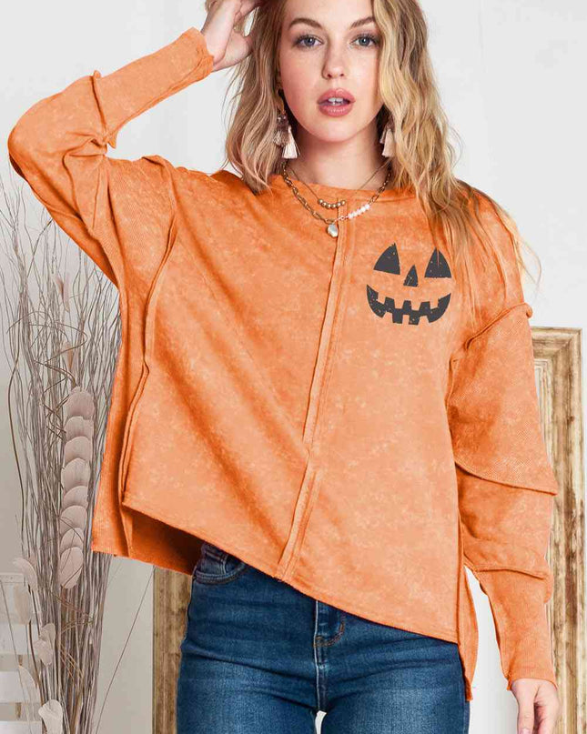 Round Neck Long Sleeve Jack-O'-Lantern Graphic Blouse