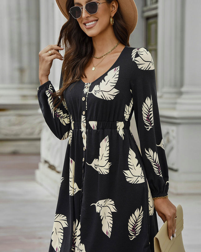 Printed Buttoned Long Sleeve Slit Dress
