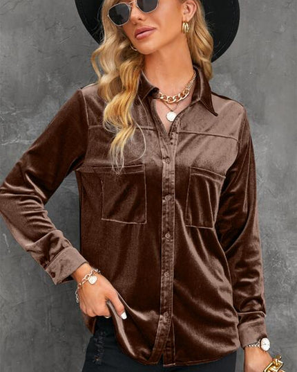 Button Up Collared Neck Long Sleeve Velvet Shirt