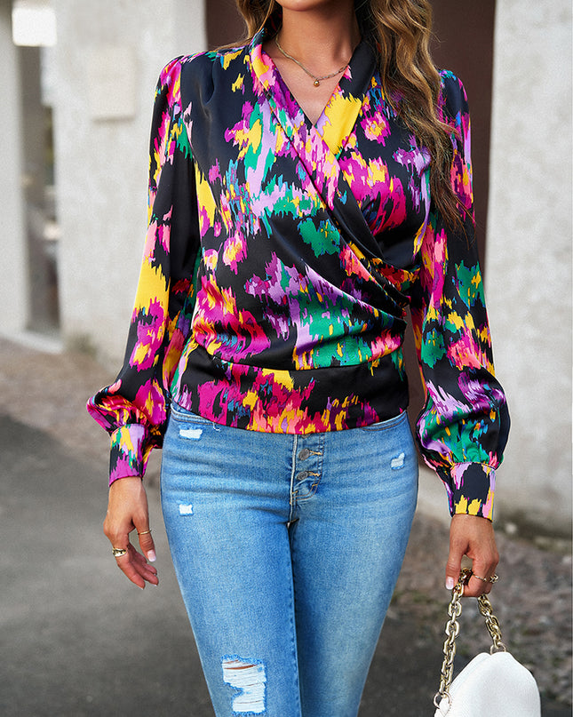 Printed Surplice Neck Long Sleeve Blouse