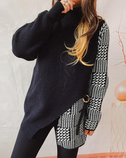 Houndstooth Turtleneck Long Sleeve Slit Sweater