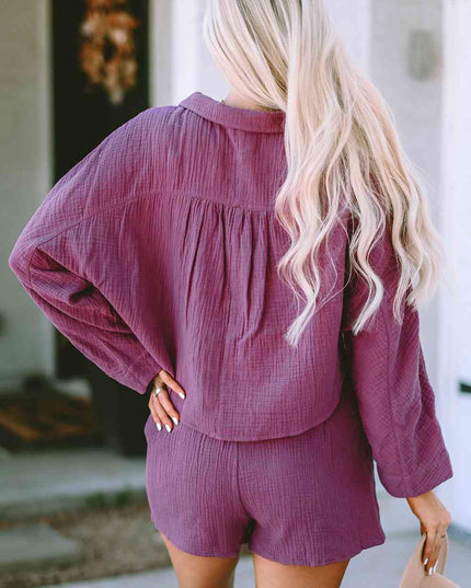 Buttoned Long Sleeve Top and Shorts Set