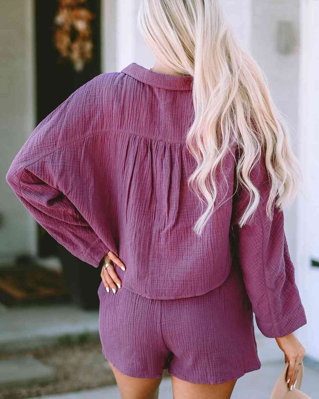 Buttoned Long Sleeve Top and Shorts Set
