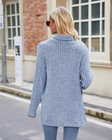 Ribbed Turtleneck Long Sleeve Slit Knit Top