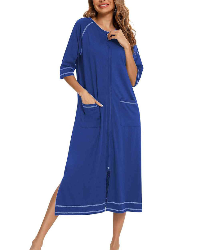 Zip Up Slit Round Neck Night Dress with Pockets