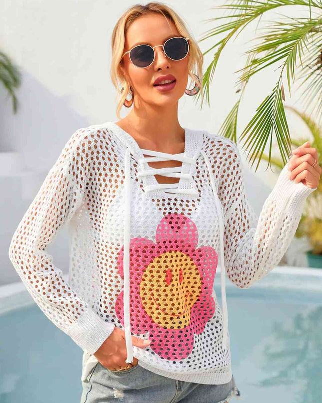 Flower Graphic Lace-Up Openwork Hooded Cover Up