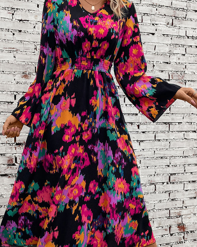 Printed Smocked Waist Midi Dress