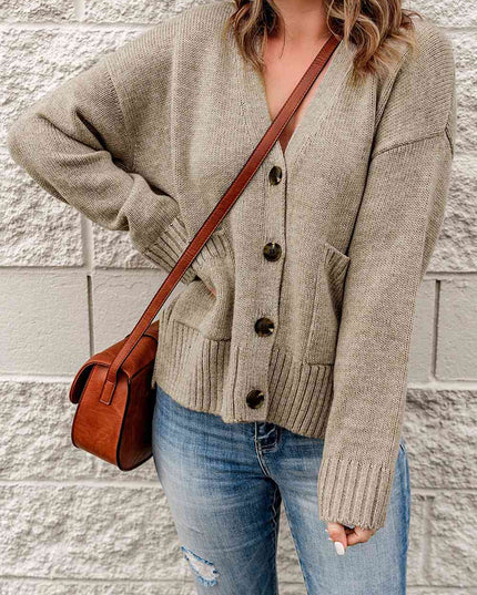 Ribbed Trim Button Down Cardigan with Pockets