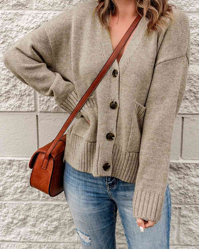 Ribbed Trim Button Down Cardigan with Pockets