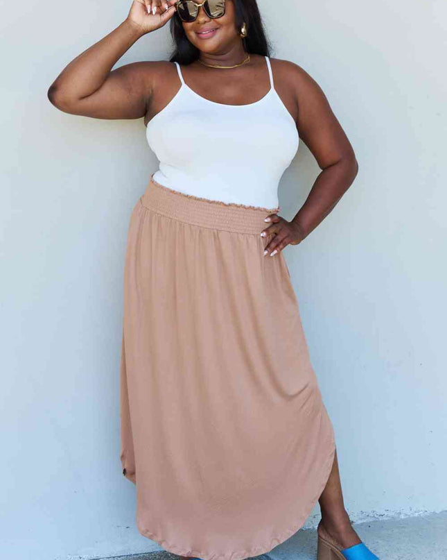Doublju Comfort Princess Full Size High Waist Scoop Hem Maxi Skirt in Tan