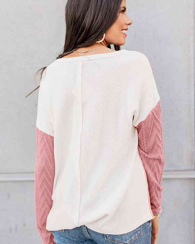 Full Size Color Block Cable-Knit Tops