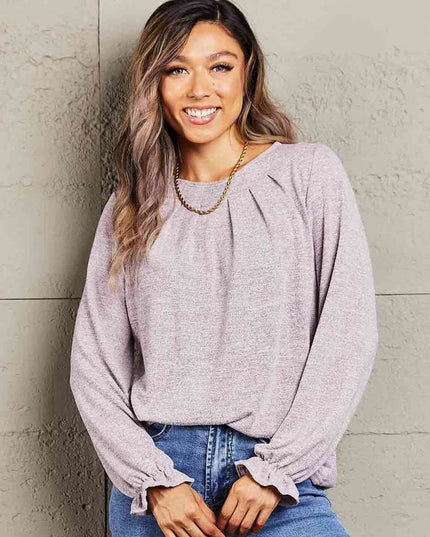 Double Take Long Flounce Sleeve Round Neck Blouse