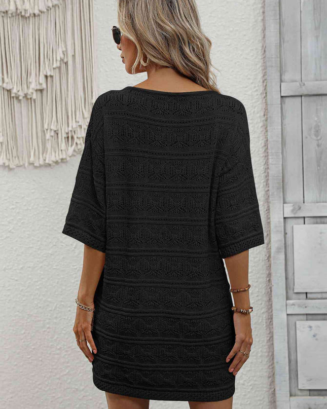Openwork V-Neck Mini Knit Dress