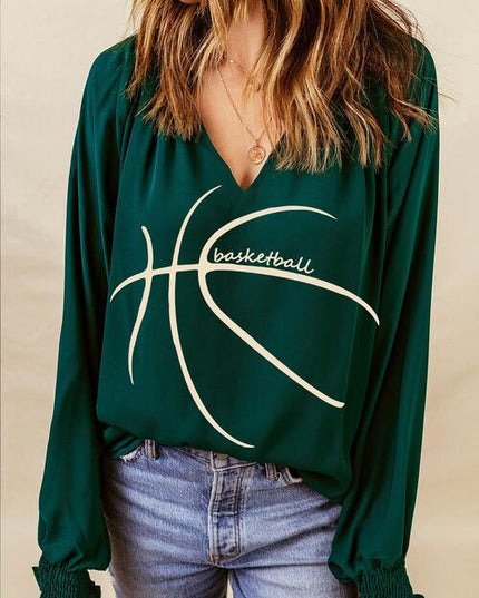 BASKETBALL Round Neck Smocked Long Sleeve Top