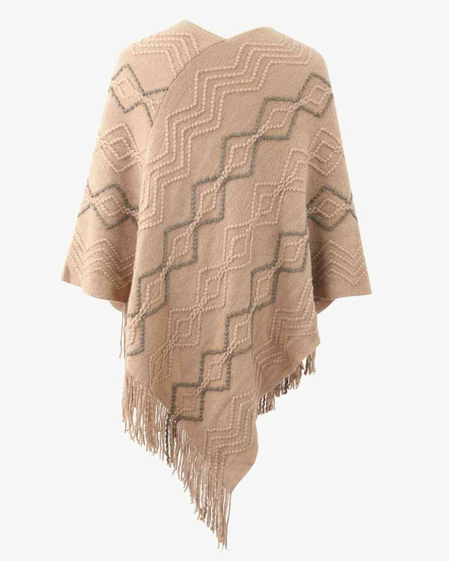 Pearl Trim V-Neck Fringe Hem Poncho