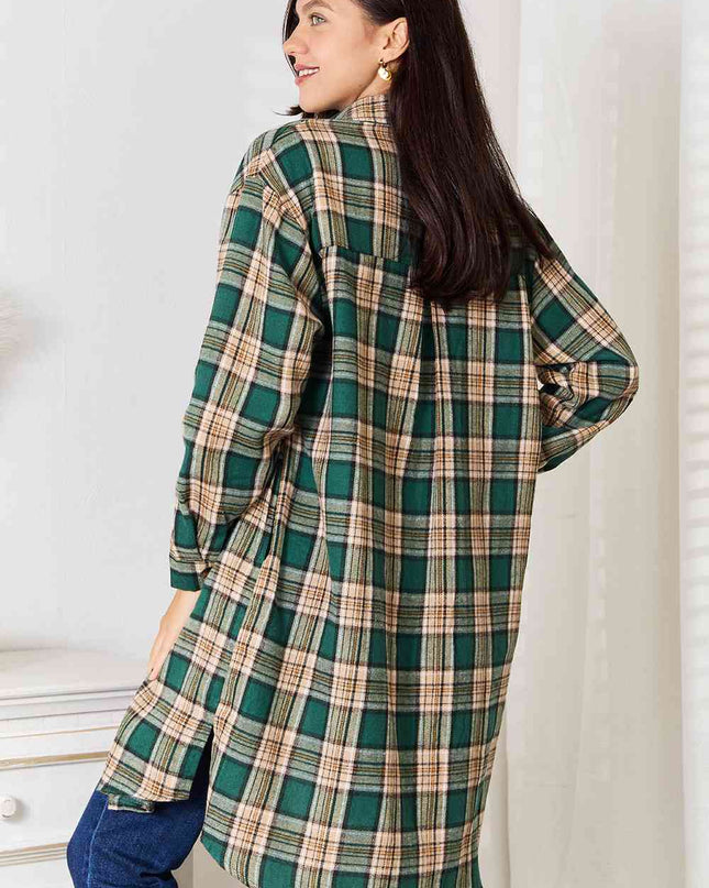 Double Take Plaid Collared Neck Long Sleeve Shirt