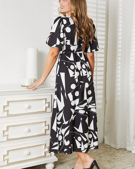 Double Take Printed Surplice Balloon Sleeve Dress