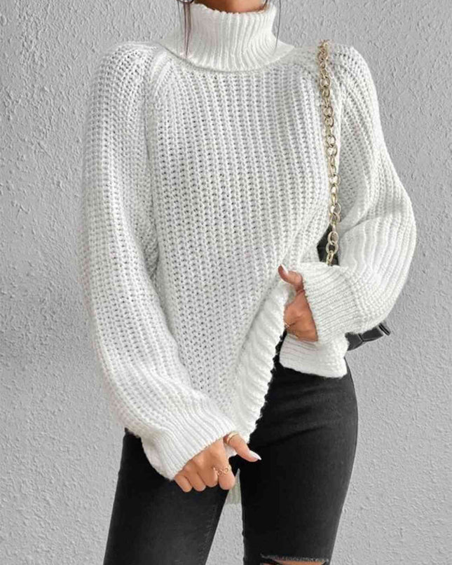 Full Size Turtleneck Rib-Knit Slit Sweater
