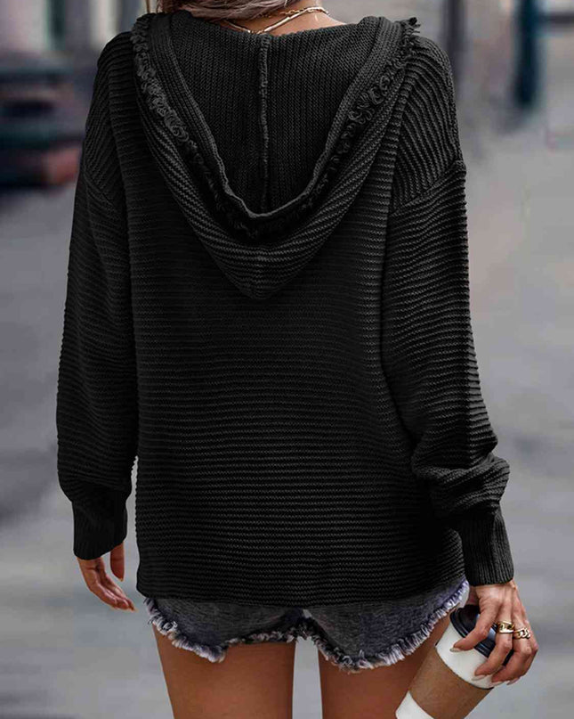 Ribbed Fringed V-Neck Hooded Sweater