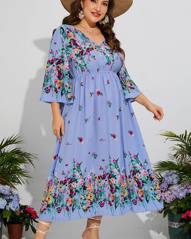 Plus Size Floral V-Neck Three-Quarter Sleeve Midi Dress